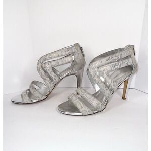 Antonio Melani Sandal Heels Strappy Snake Metallic Silver Leather Stiletto 8 M